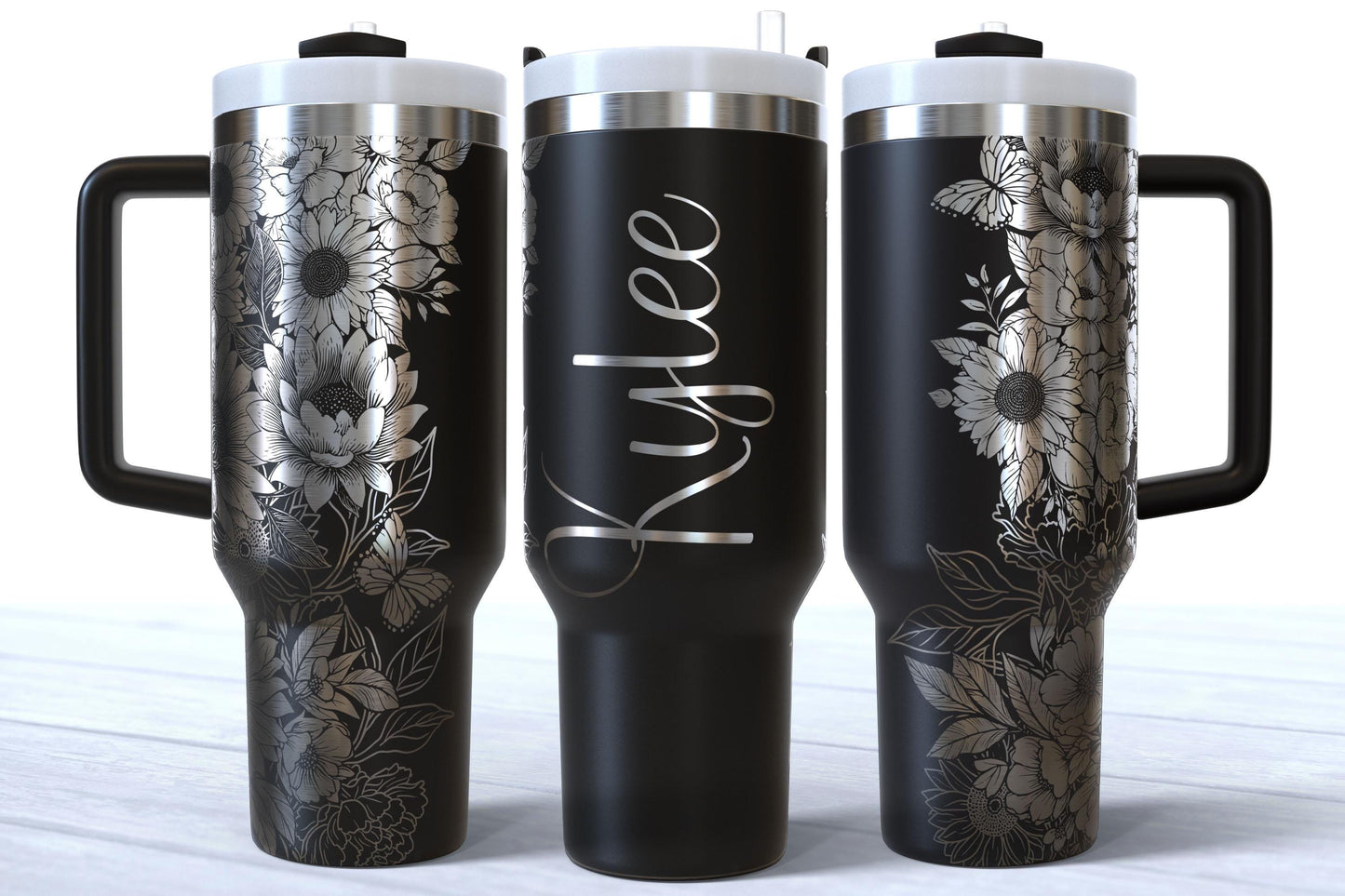Personalized Floral Engraved 40oz Tumbler, Custom Name Travel Cup