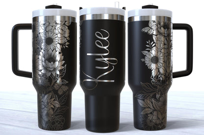 Personalized Floral Engraved 40oz Tumbler, Custom Name Travel Cup