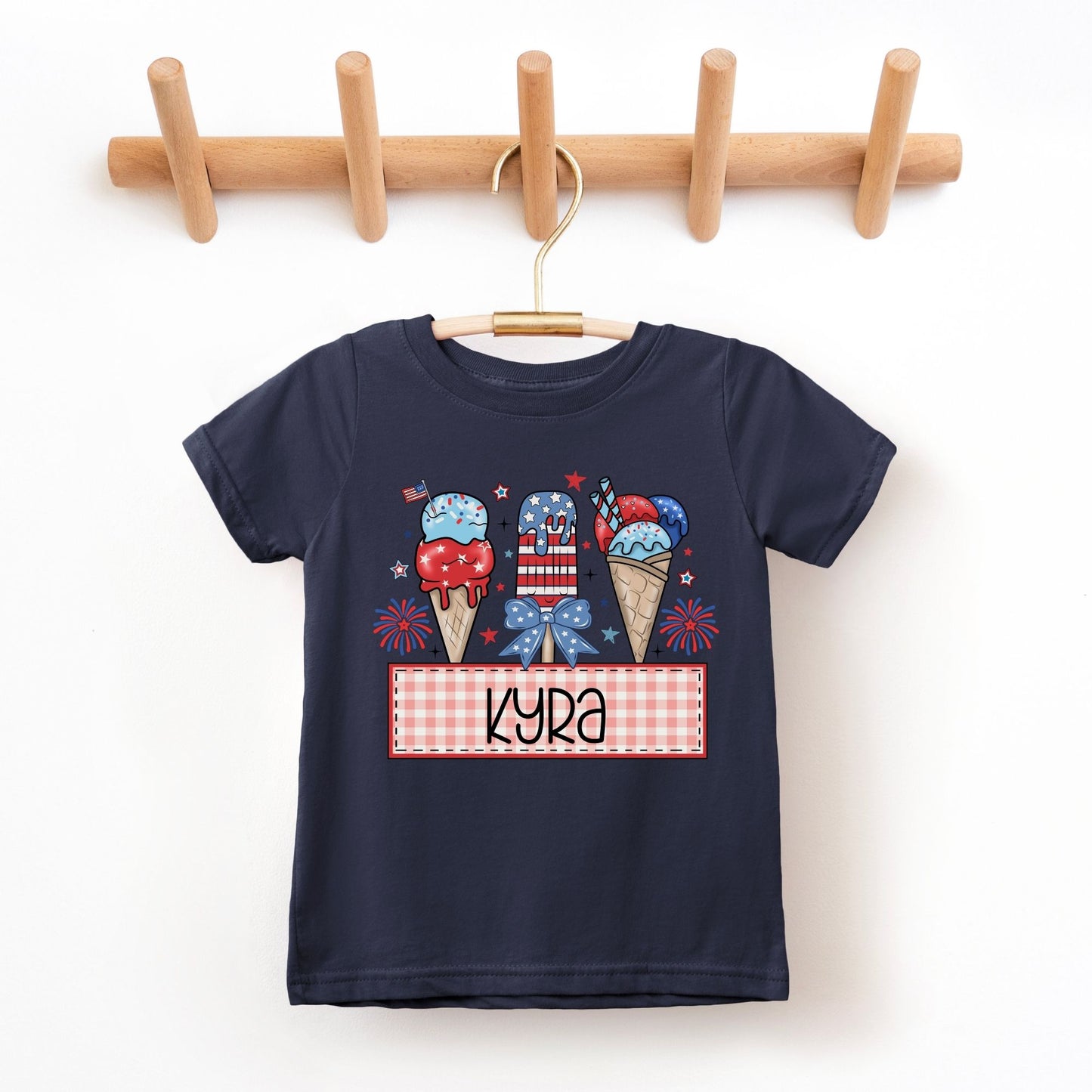 4th of July Ice Cream Cone Kids Tee – Custom Name