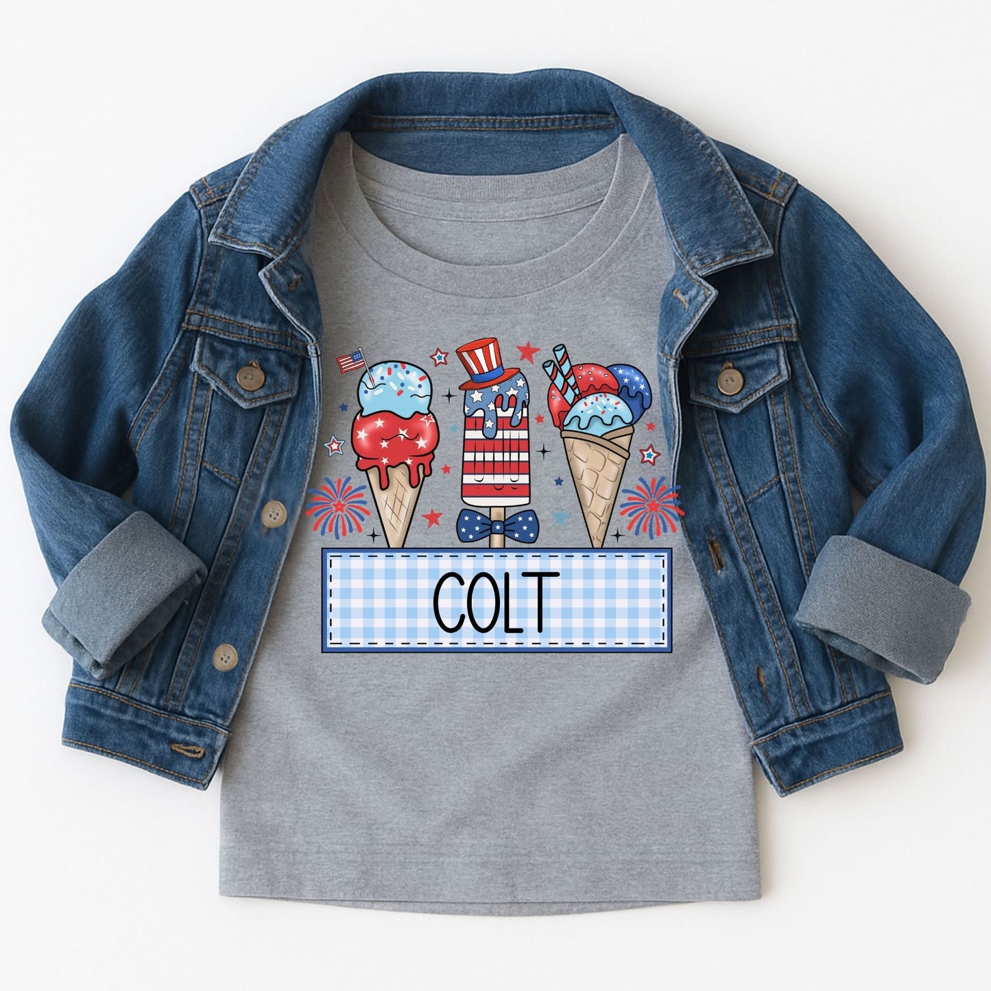 4th of July Ice Cream Cone Kids Tee – Custom Name