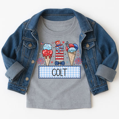 4th of July Ice Cream Cone Kids Tee – Custom Name