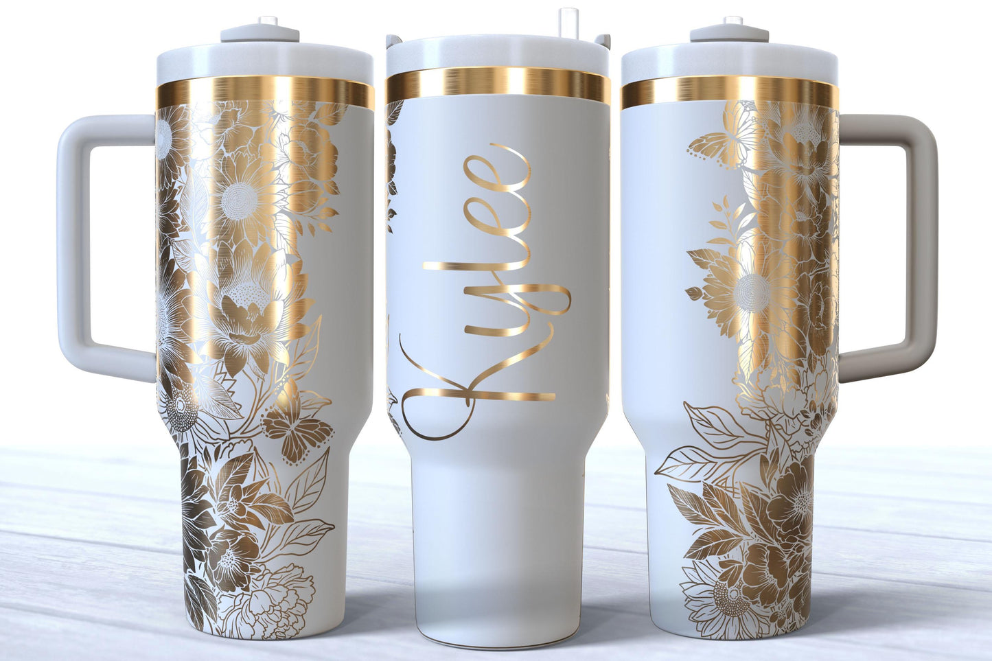 Personalized Floral Engraved 40oz Tumbler, Custom Name Travel Cup