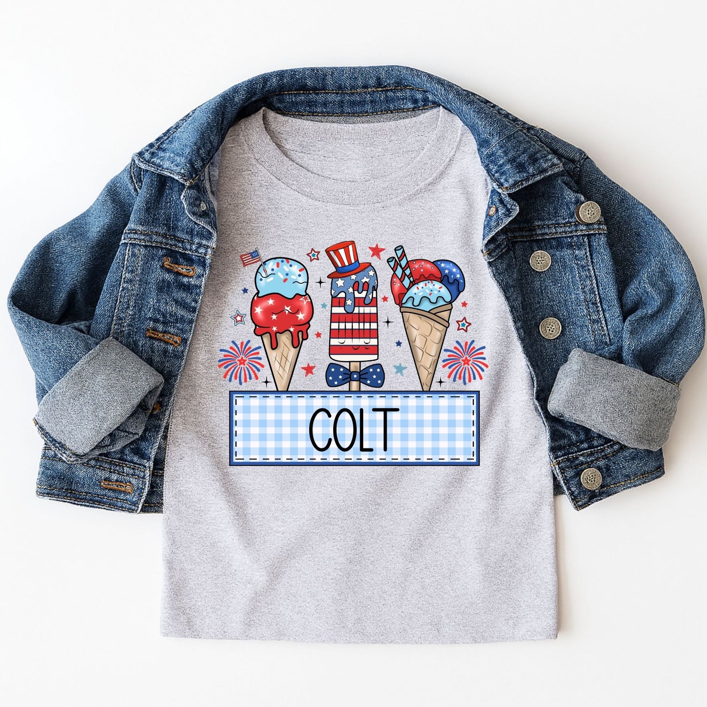 4th of July Ice Cream Cone Kids Tee – Custom Name