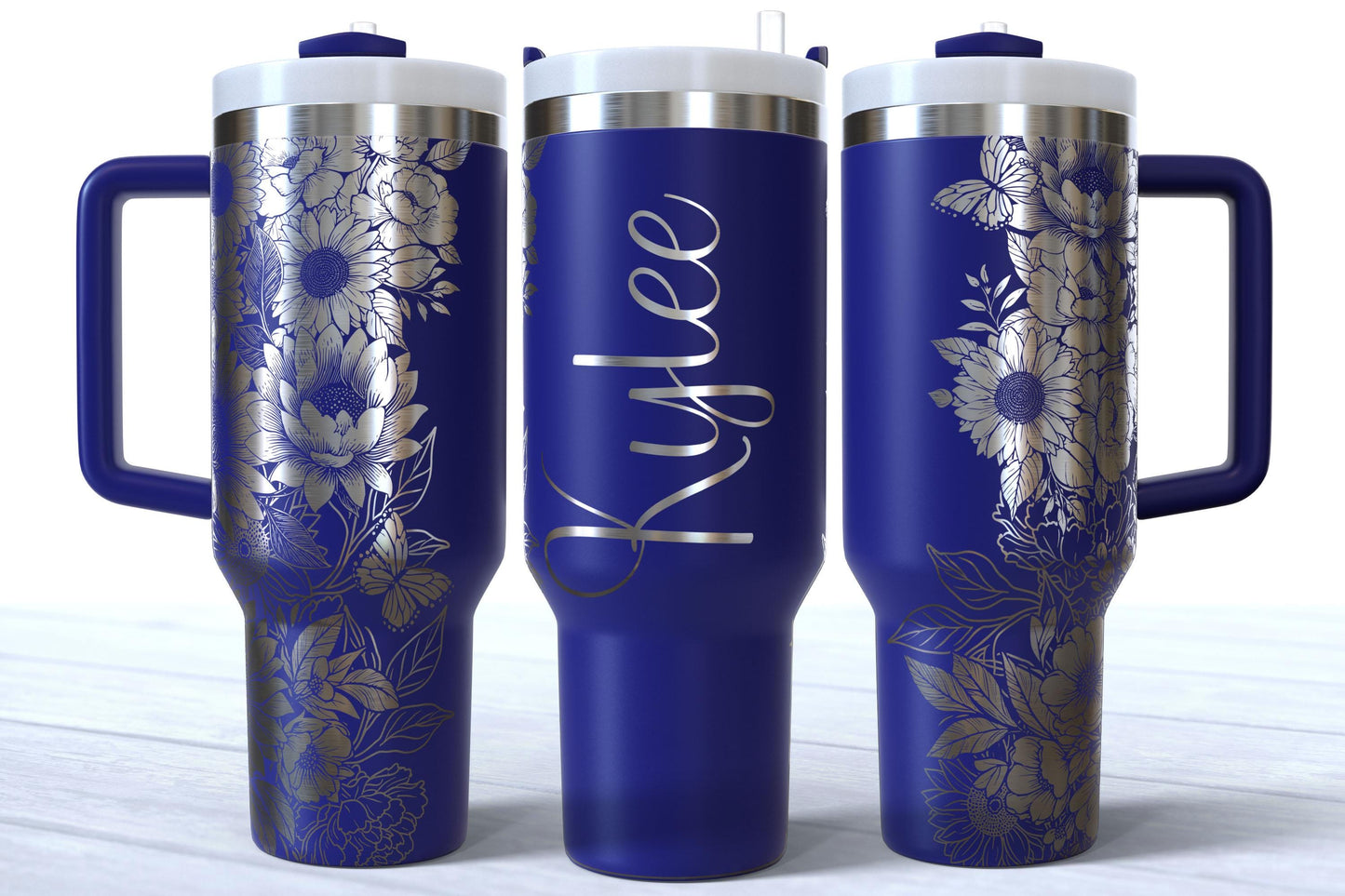 Personalized Floral Engraved 40oz Tumbler, Custom Name Travel Cup