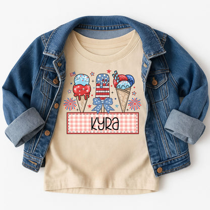 4th of July Ice Cream Cone Kids Tee – Custom Name