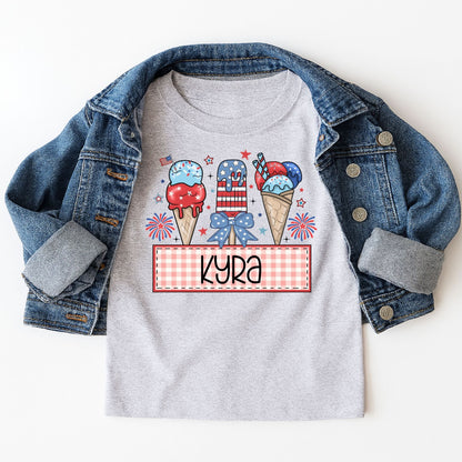 4th of July Ice Cream Cone Kids Tee – Custom Name