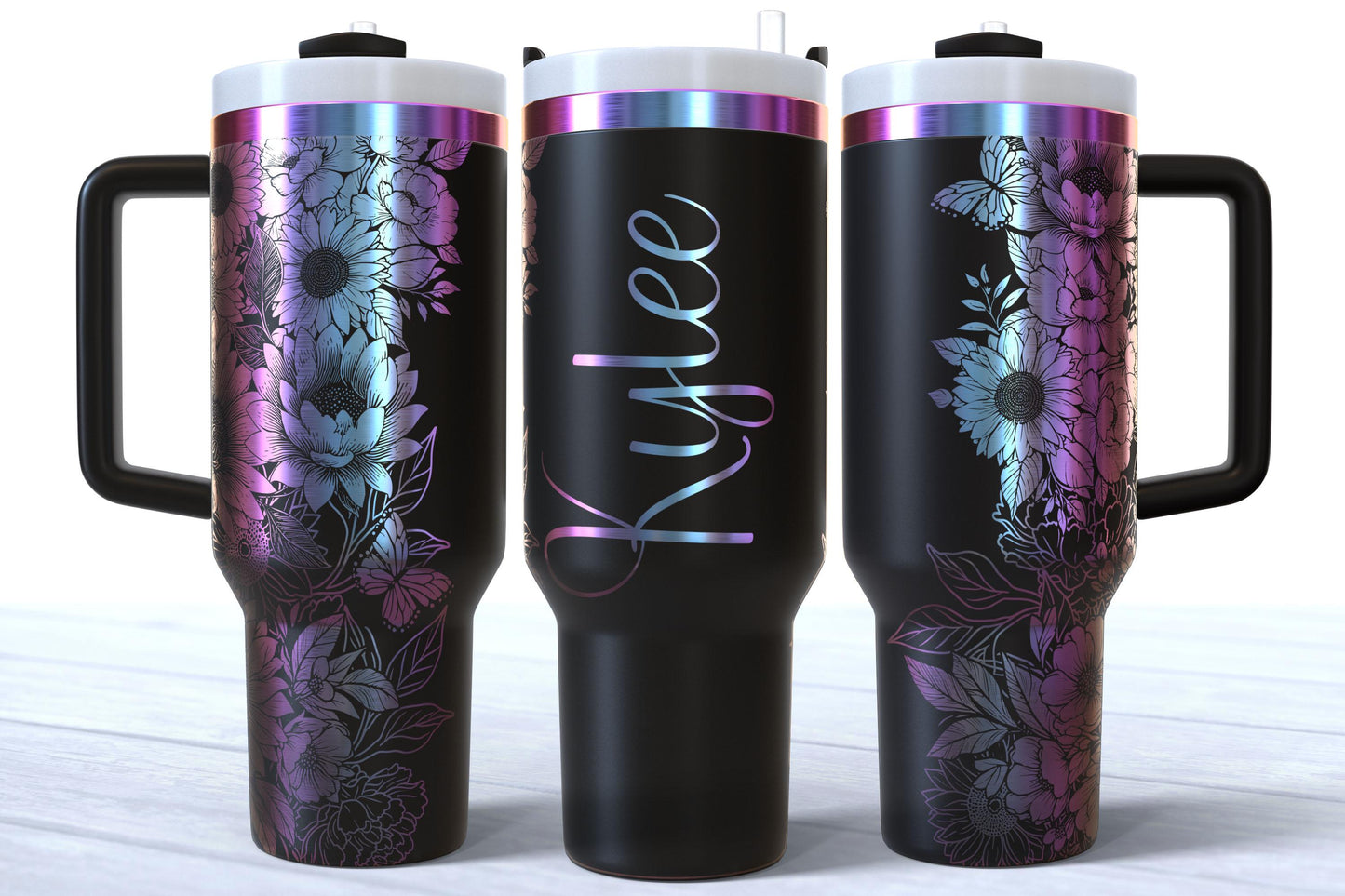 Personalized Floral Engraved 40oz Tumbler, Custom Name Travel Cup