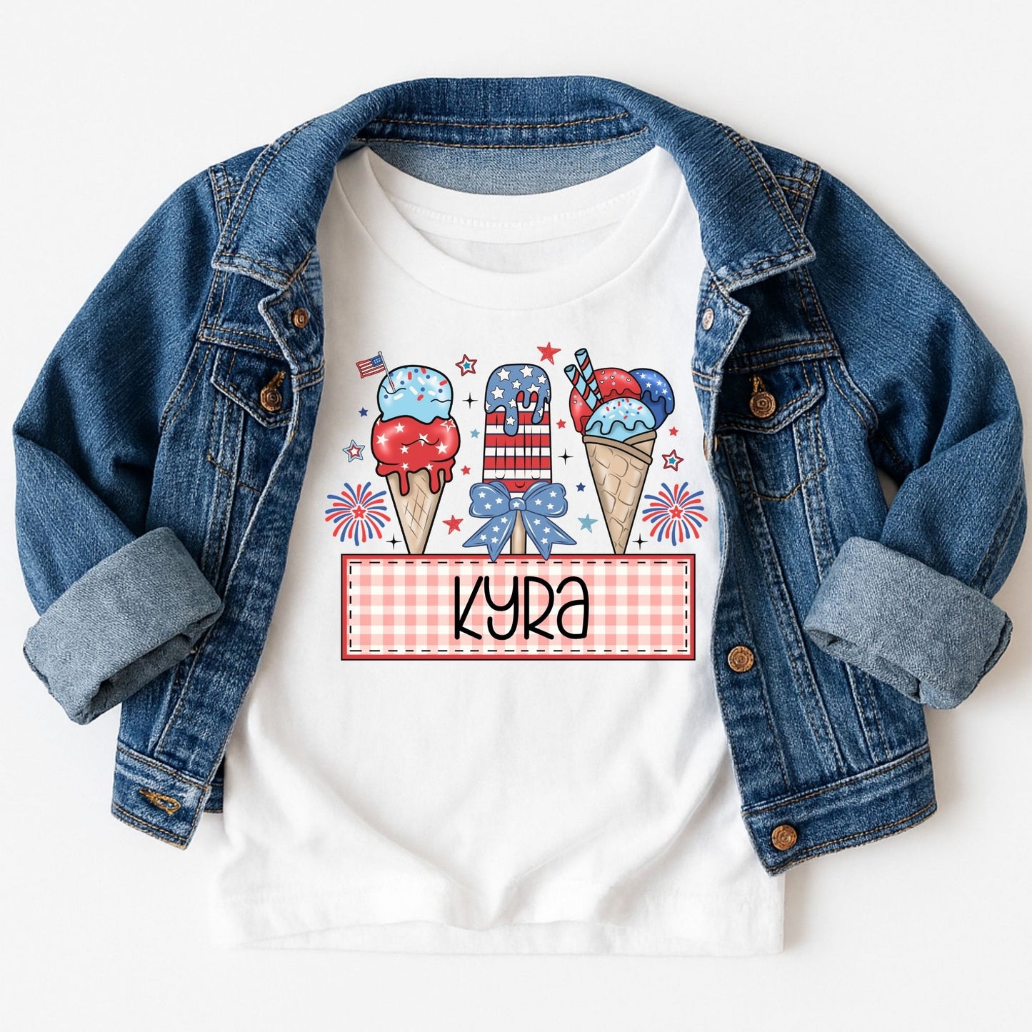 4th of July Ice Cream Cone Kids Tee – Custom Name