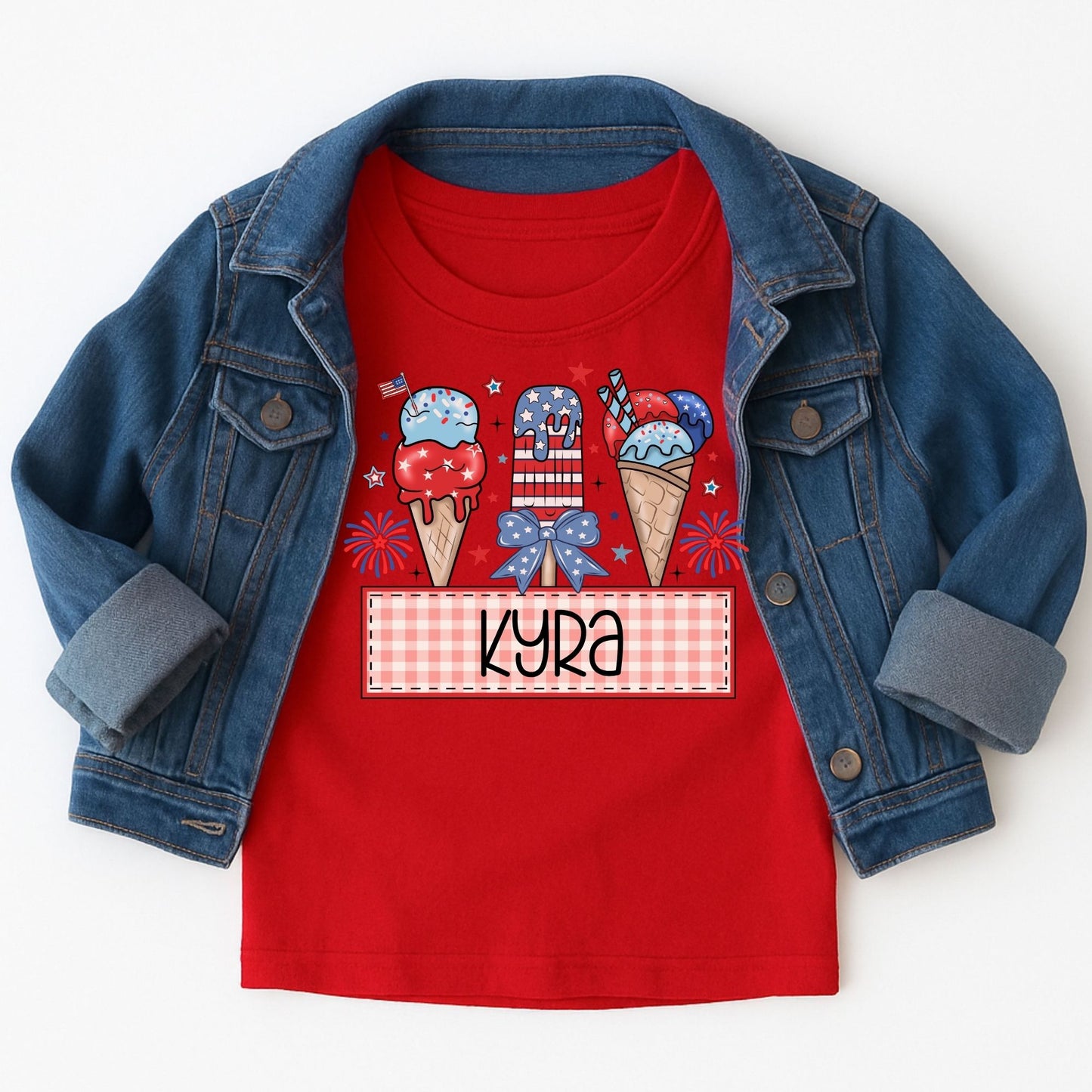 4th of July Ice Cream Cone Kids Tee – Custom Name
