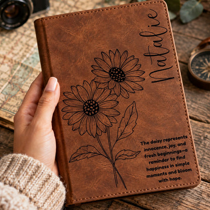 Personalized Birth Flower Journal, Laser Engraved Leatherette Notebook with Flower Meaning