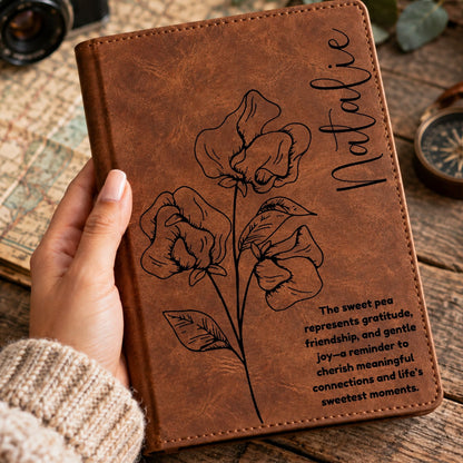 Personalized Birth Flower Journal, Laser Engraved Leatherette Notebook with Flower Meaning