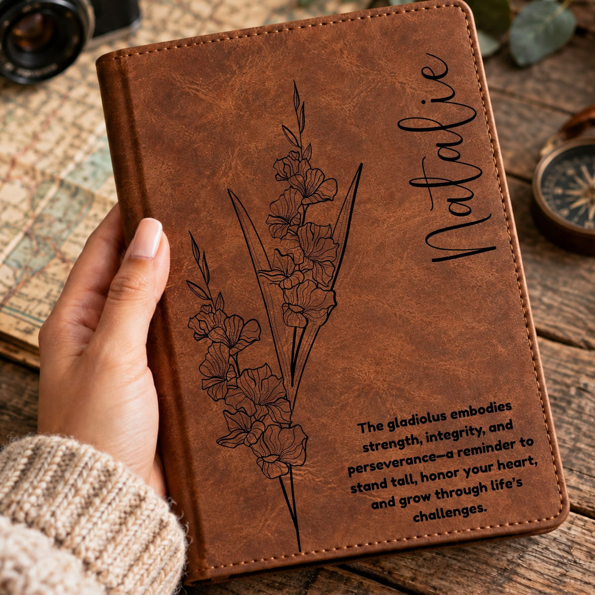 Personalized Birth Flower Journal, Laser Engraved Leatherette Notebook with Flower Meaning