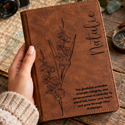 Personalized Birth Flower Journal, Laser Engraved Leatherette Notebook with Flower Meaning
