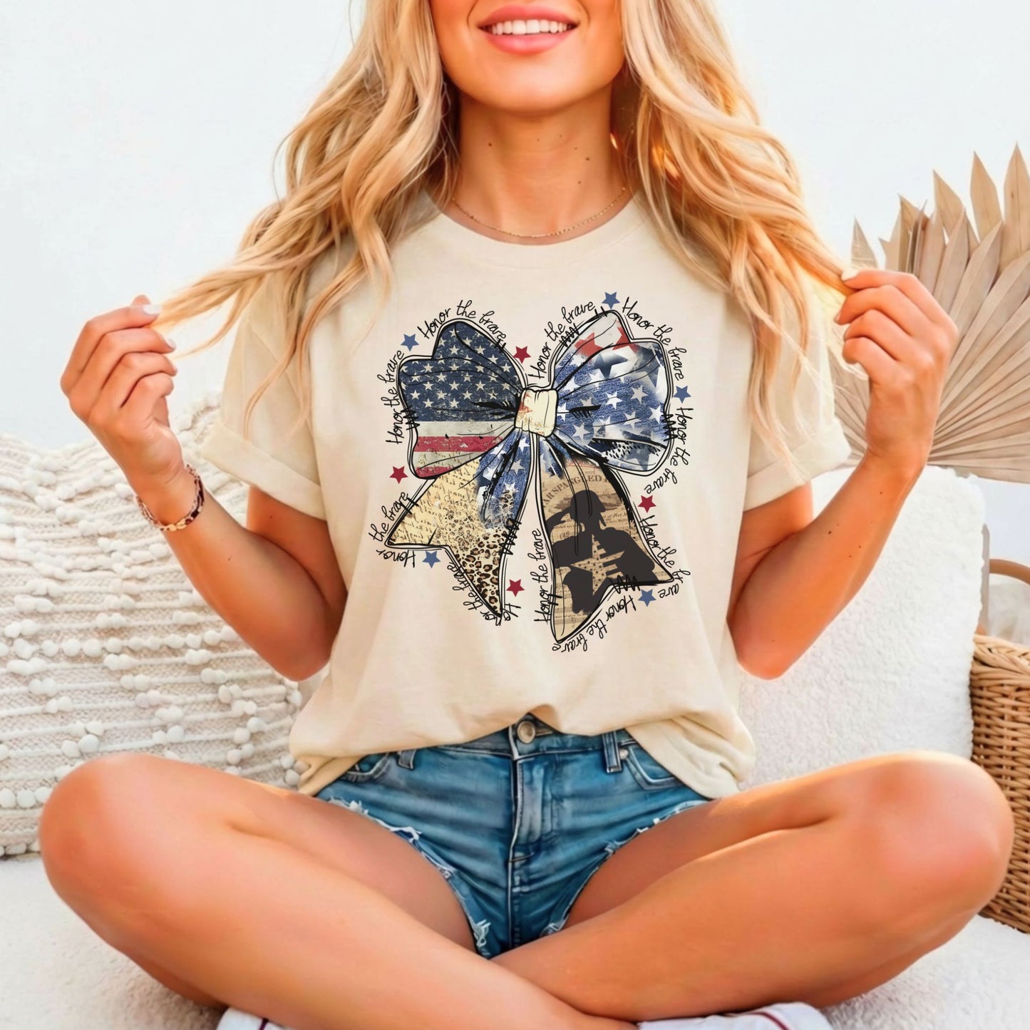 Honor the Brave | American Flag Bow Tee | Bella Canvas 3001 Relaxed Fitted Unisex