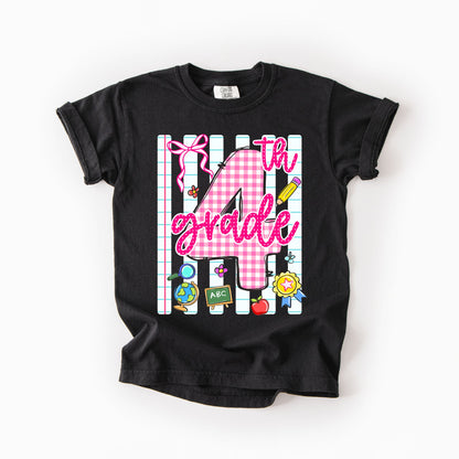 Girls Back to School Comfort Colors Tee – Striped Notebook & Pink Gingham Numbers