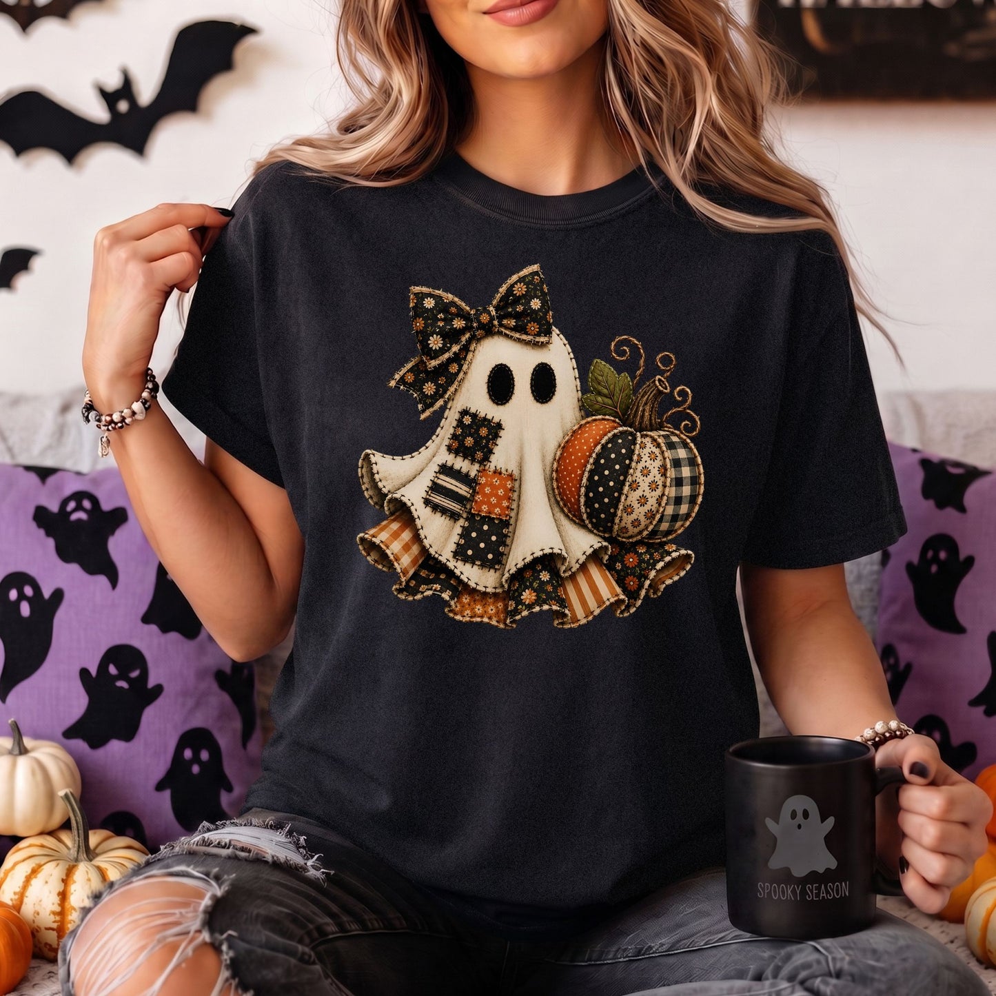 Patchwork Ghost Halloween Comfort Colors Tee, Long Sleeve or Sweatshirt | C1717, 4410 & 1566