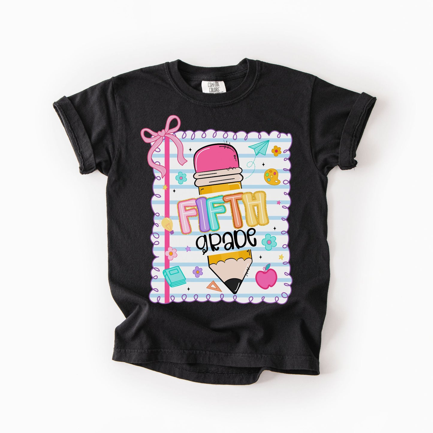 Girls Back to School Comfort Colors Tee – Pencil, Notebook & Ribbon - Pre-K to 5th Grade