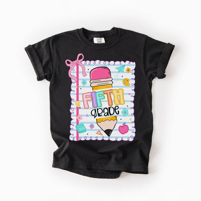 Girls Back to School Comfort Colors Tee – Pencil, Notebook & Ribbon - Pre-K to 5th Grade