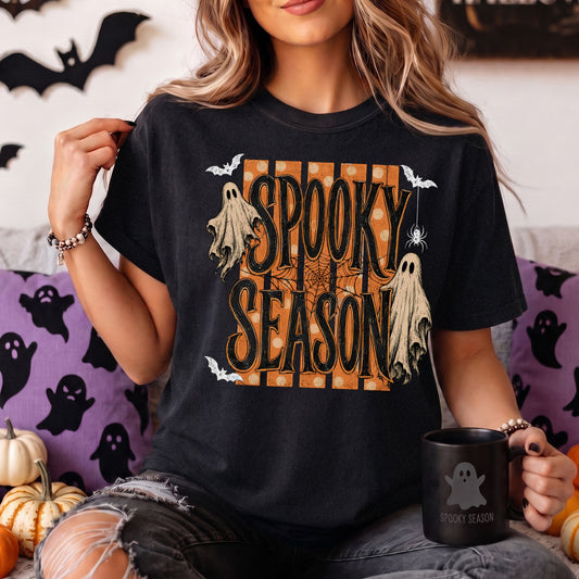 Spooky Season Halloween Comfort Colors Tee, Long Sleeve or Sweatshirt | Orange Stripes & Flying Ghosts