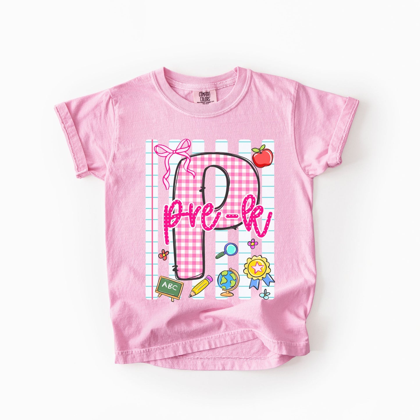 Girls Back to School Comfort Colors Tee – Striped Notebook & Pink Gingham Numbers