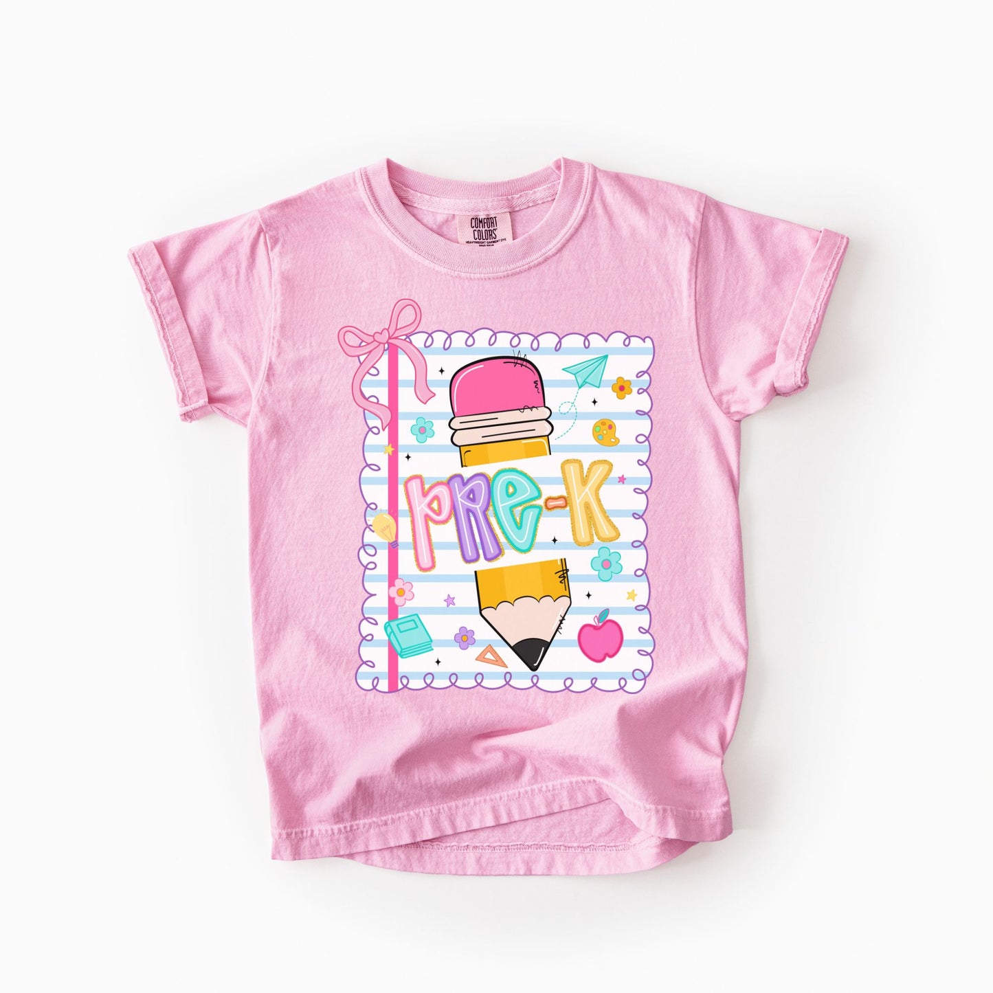 Girls Back to School Comfort Colors Tee – Pencil, Notebook & Ribbon - Pre-K to 5th Grade
