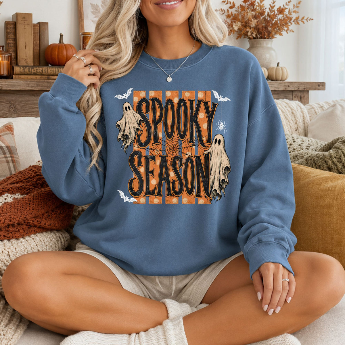 Spooky Season Halloween Comfort Colors Tee, Long Sleeve or Sweatshirt | Orange Stripes & Flying Ghosts