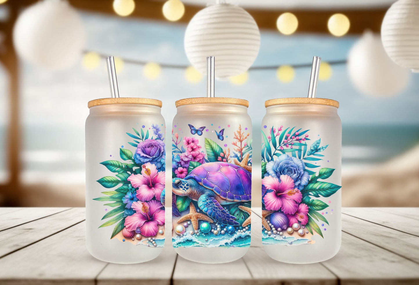 Tropical Flowers, Sea Turtle Glass Can