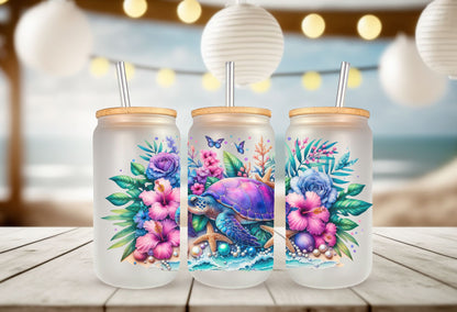 Tropical Flowers, Sea Turtle Glass Can