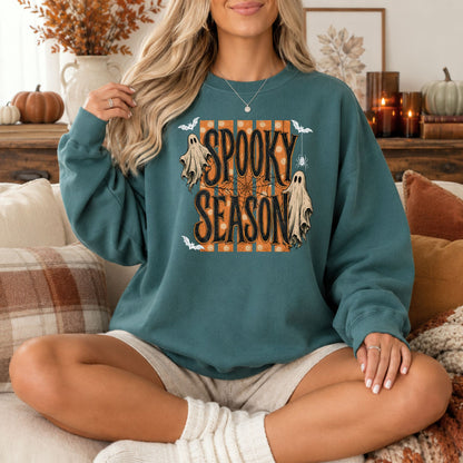 Spooky Season Halloween Comfort Colors Tee, Long Sleeve or Sweatshirt | Orange Stripes & Flying Ghosts