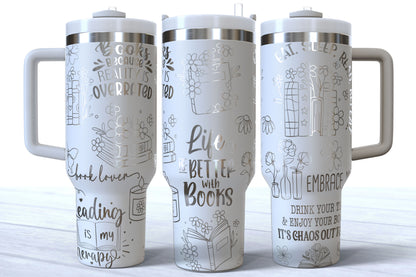 Bookish Word Art Laser Engraved Tumbler | Silver, Gold & Rainbow Plated