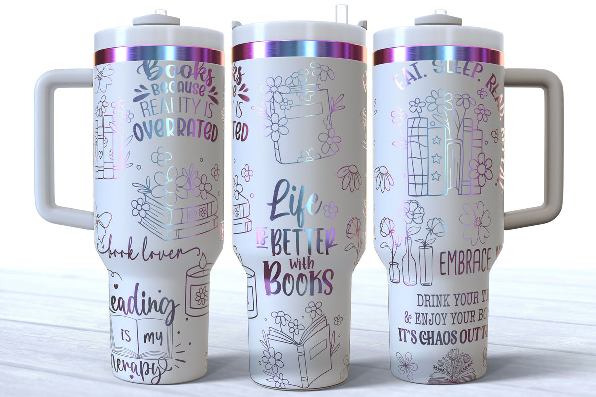 Bookish Word Art Laser Engraved Tumbler | Silver, Gold & Rainbow Plated