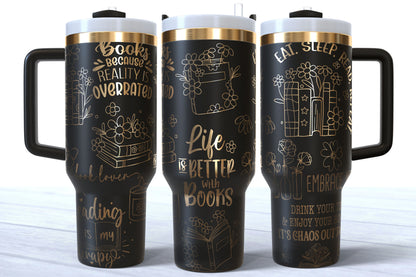 Bookish Word Art Laser Engraved Tumbler | Silver, Gold & Rainbow Plated