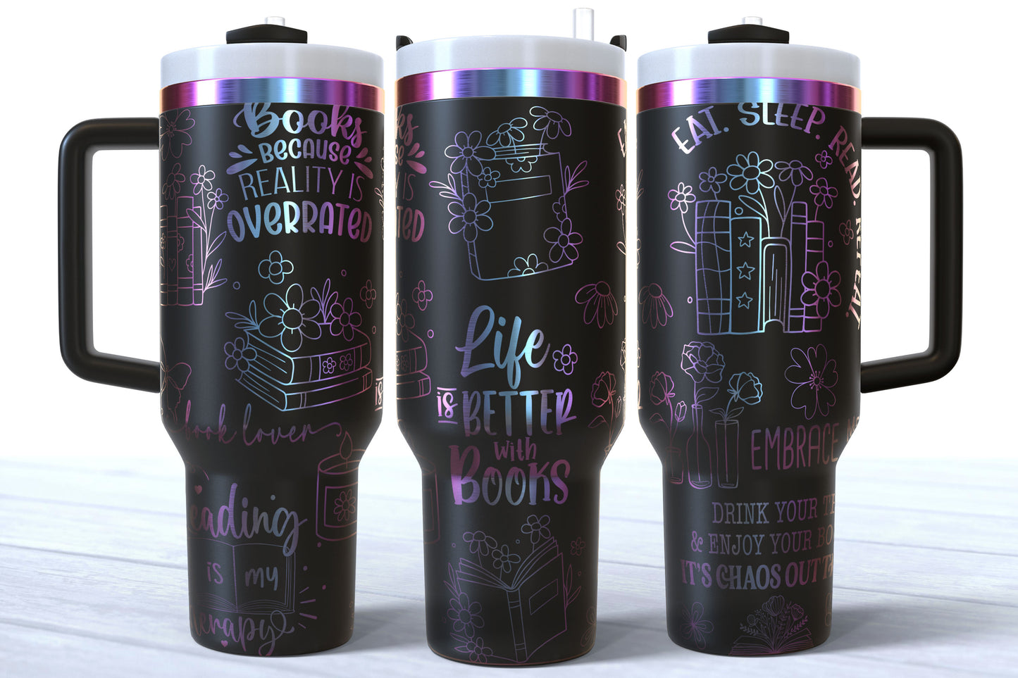 Bookish Word Art Laser Engraved Tumbler | Silver, Gold & Rainbow Plated