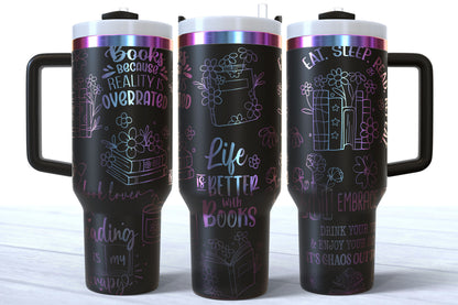 Bookish Word Art Laser Engraved Tumbler | Silver, Gold & Rainbow Plated