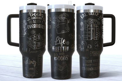 Bookish Word Art Laser Engraved Tumbler | Silver, Gold & Rainbow Plated