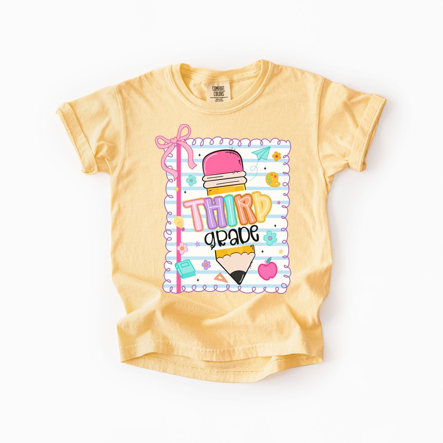 Girls Back to School Comfort Colors Tee – Pencil, Notebook & Ribbon - Pre-K to 5th Grade