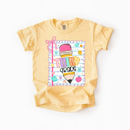 Girls Back to School Comfort Colors Tee – Pencil, Notebook & Ribbon - Pre-K to 5th Grade