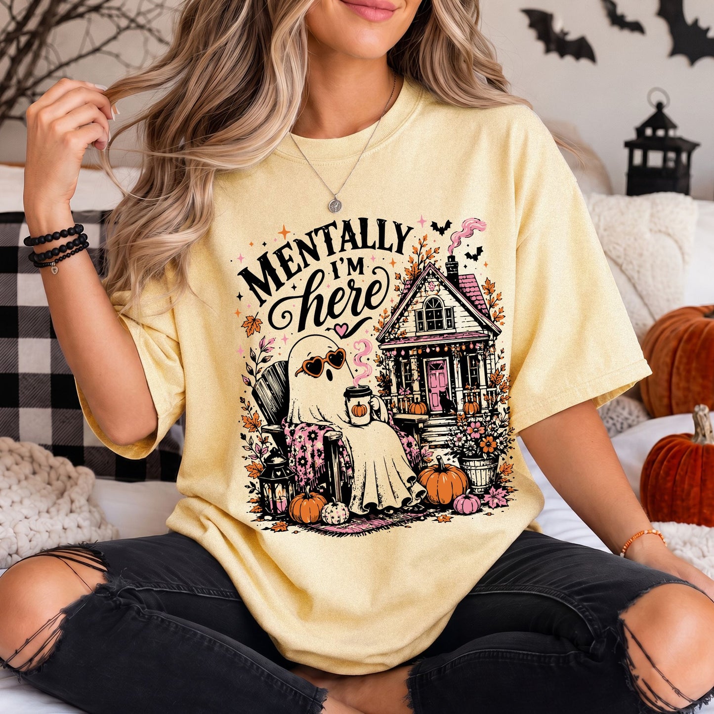 Summerween Ghost Shirt, Mentally I'm Here Tee, Comfort Colors