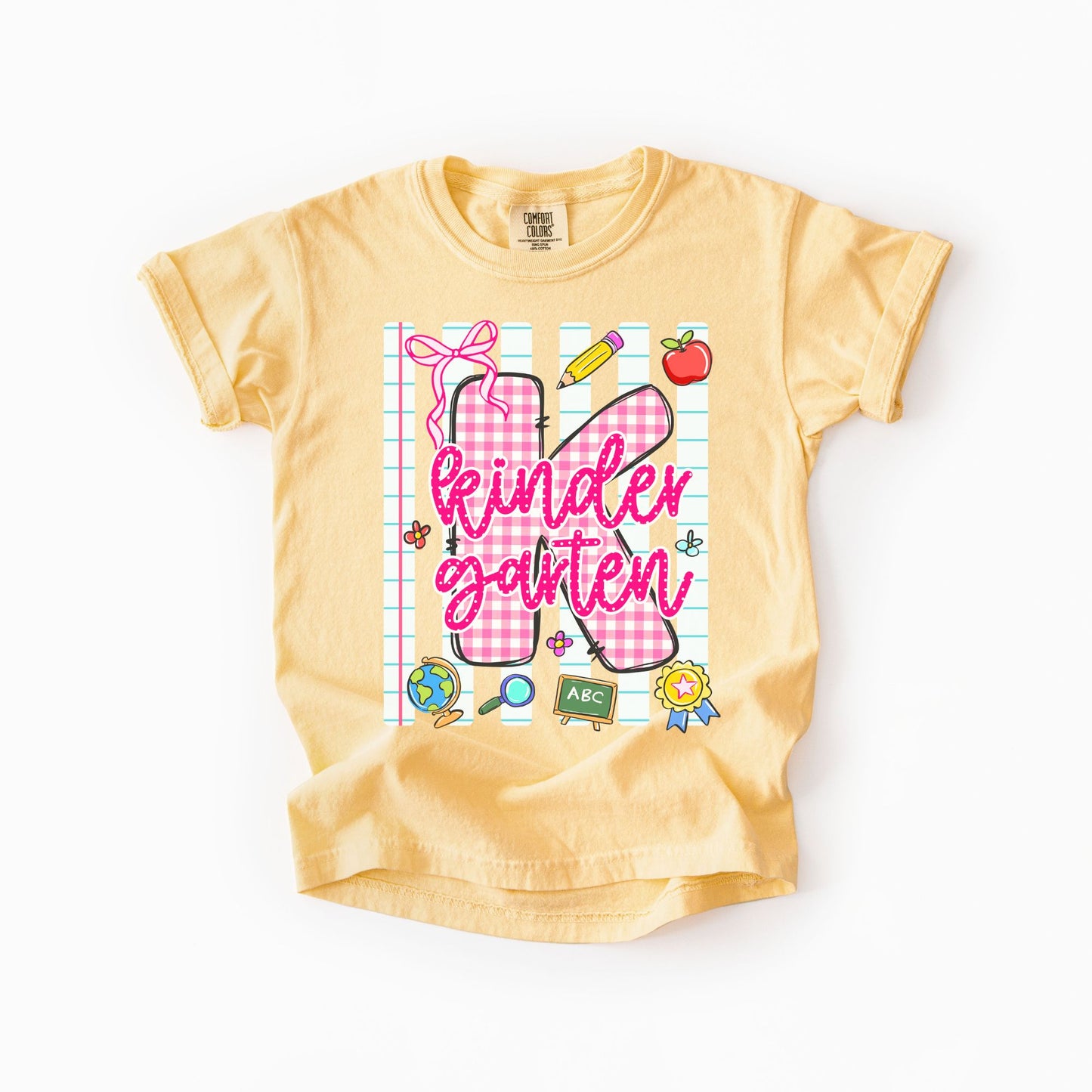 Girls Back to School Comfort Colors Tee – Striped Notebook & Pink Gingham Numbers