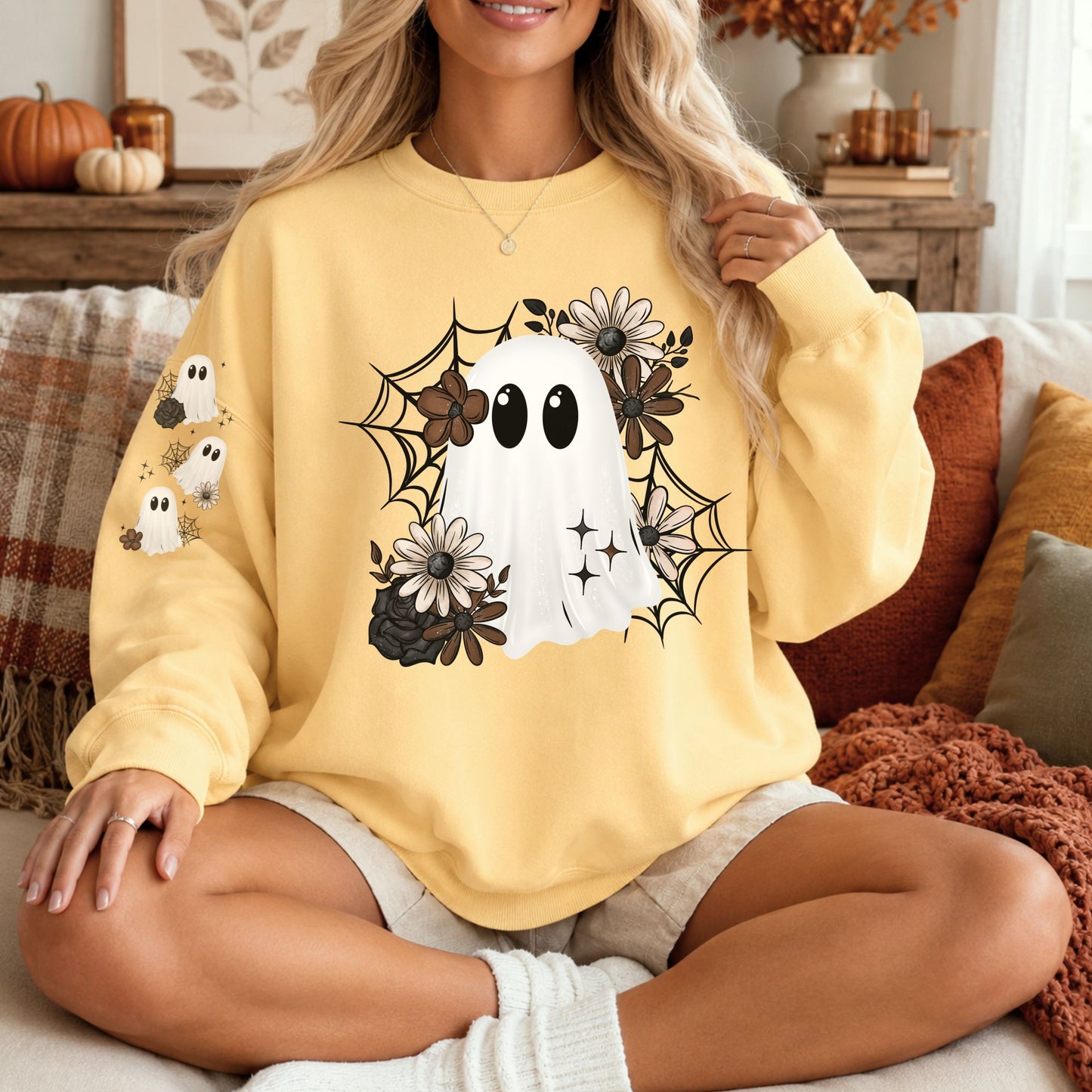 Ghost with Sleeve Ghosties Comfort Colors 1566 Sweatshirt | Halloween Sweatshirt