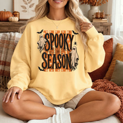 Spooky Season Halloween Comfort Colors Tee, Long Sleeve or Sweatshirt | Orange Stripes & Flying Ghosts