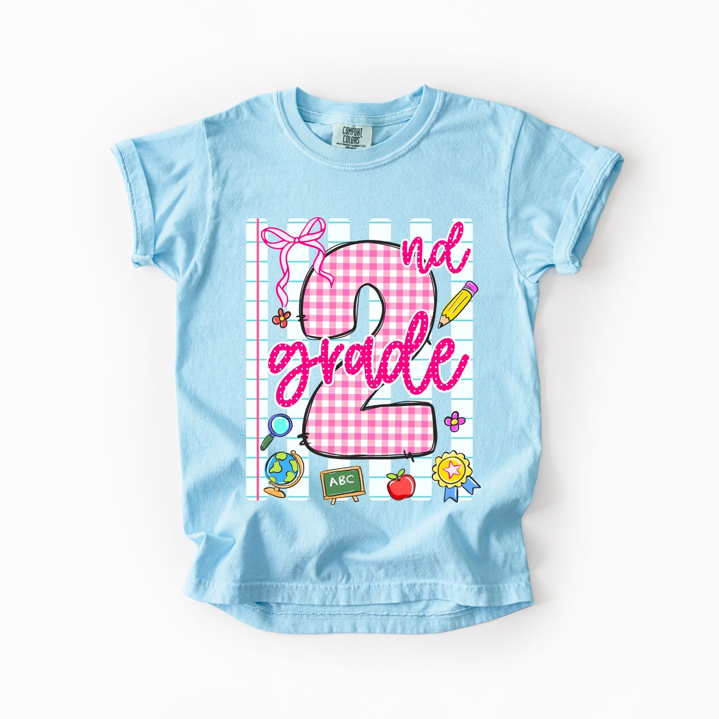 Girls Back to School Comfort Colors Tee – Striped Notebook & Pink Gingham Numbers