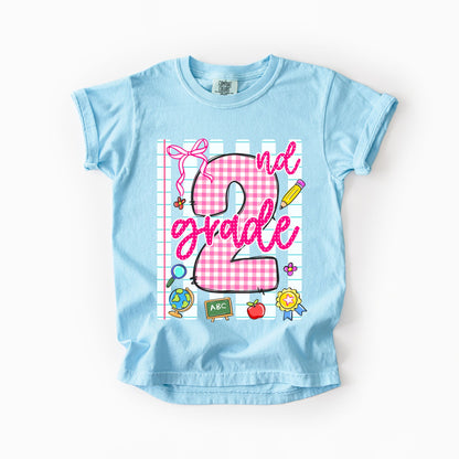 Girls Back to School Comfort Colors Tee – Striped Notebook & Pink Gingham Numbers