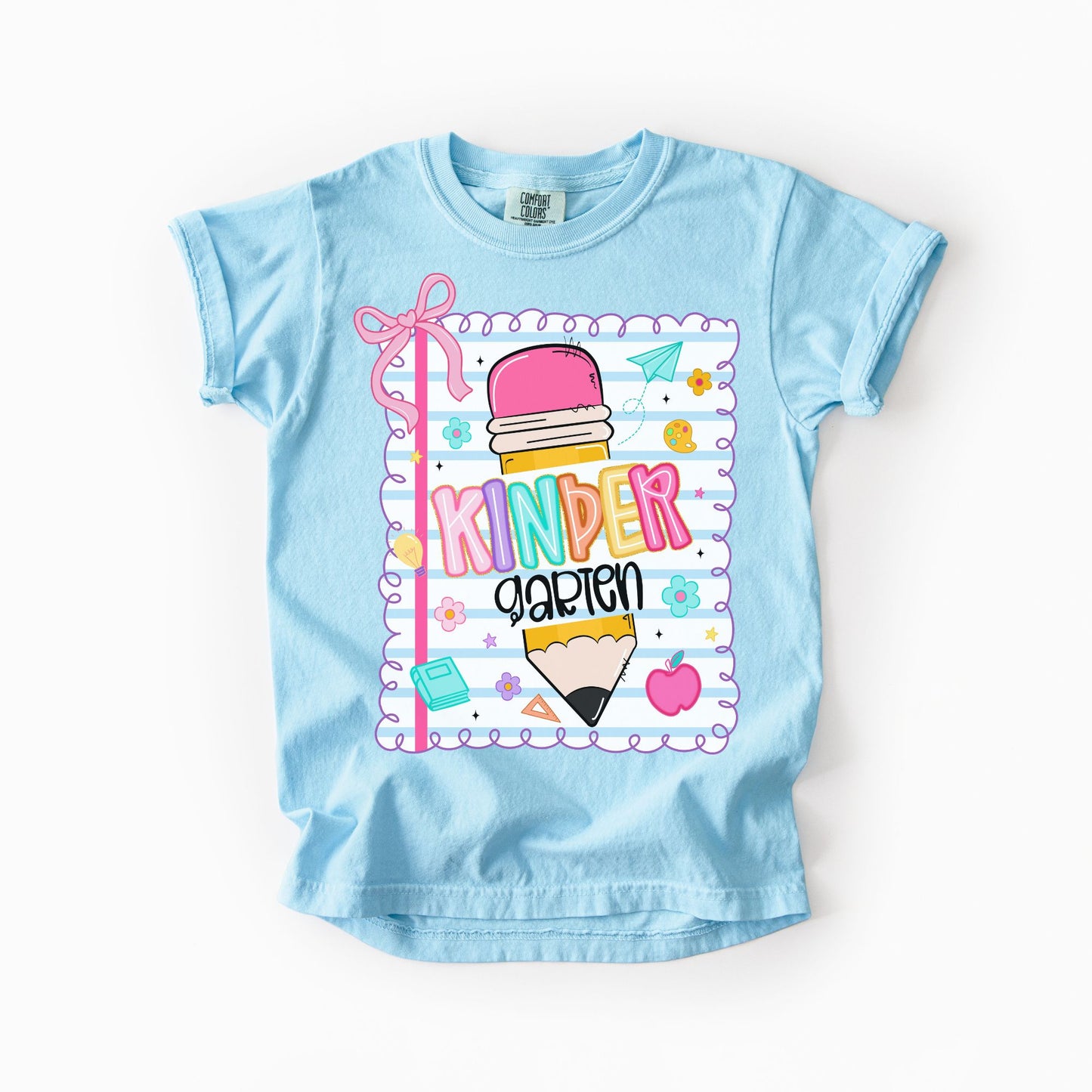 Girls Back to School Comfort Colors Tee – Pencil, Notebook & Ribbon - Pre-K to 5th Grade