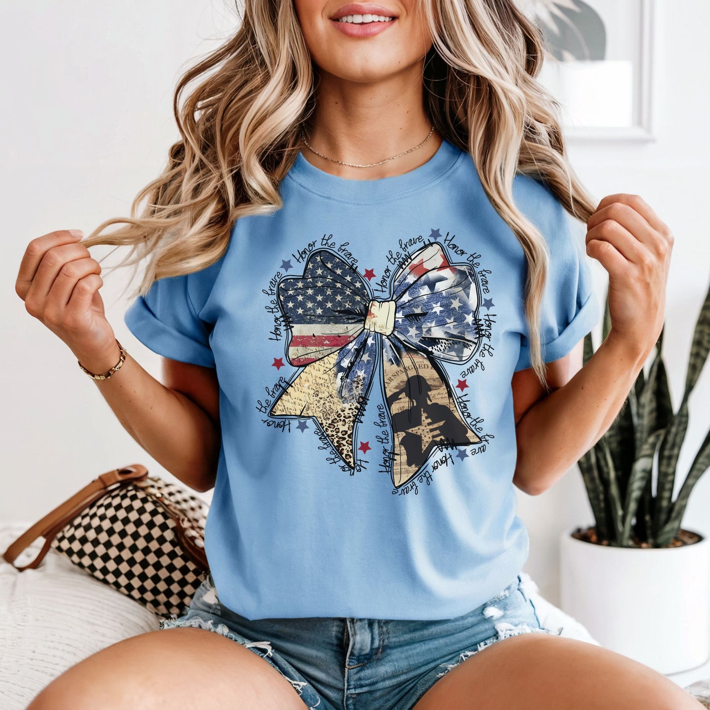 Honor the Brave | American Flag Bow Tee | Comfort Colors Vintage Heavyweight Unisex