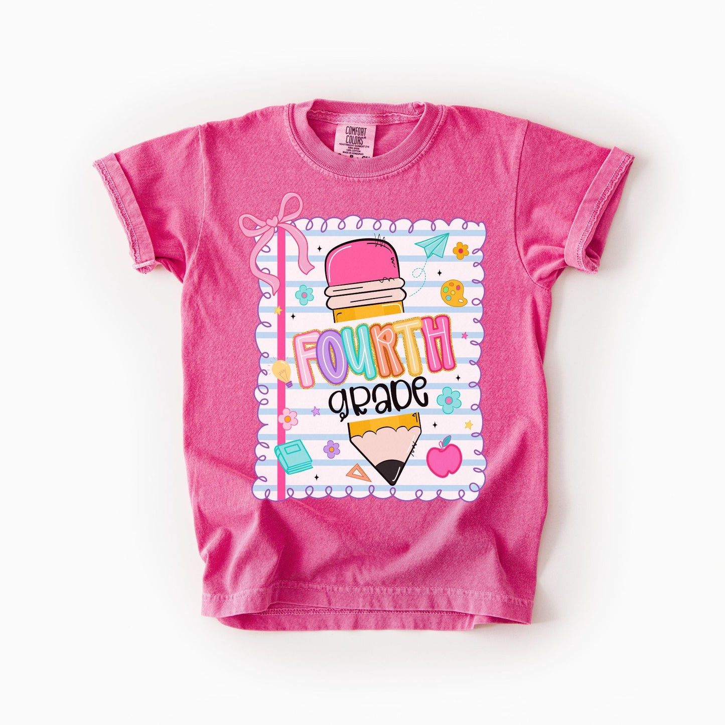 Girls Back to School Comfort Colors Tee – Pencil, Notebook & Ribbon - Pre-K to 5th Grade