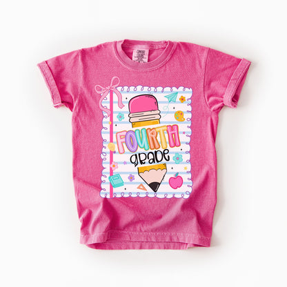Girls Back to School Comfort Colors Tee – Pencil, Notebook & Ribbon - Pre-K to 5th Grade