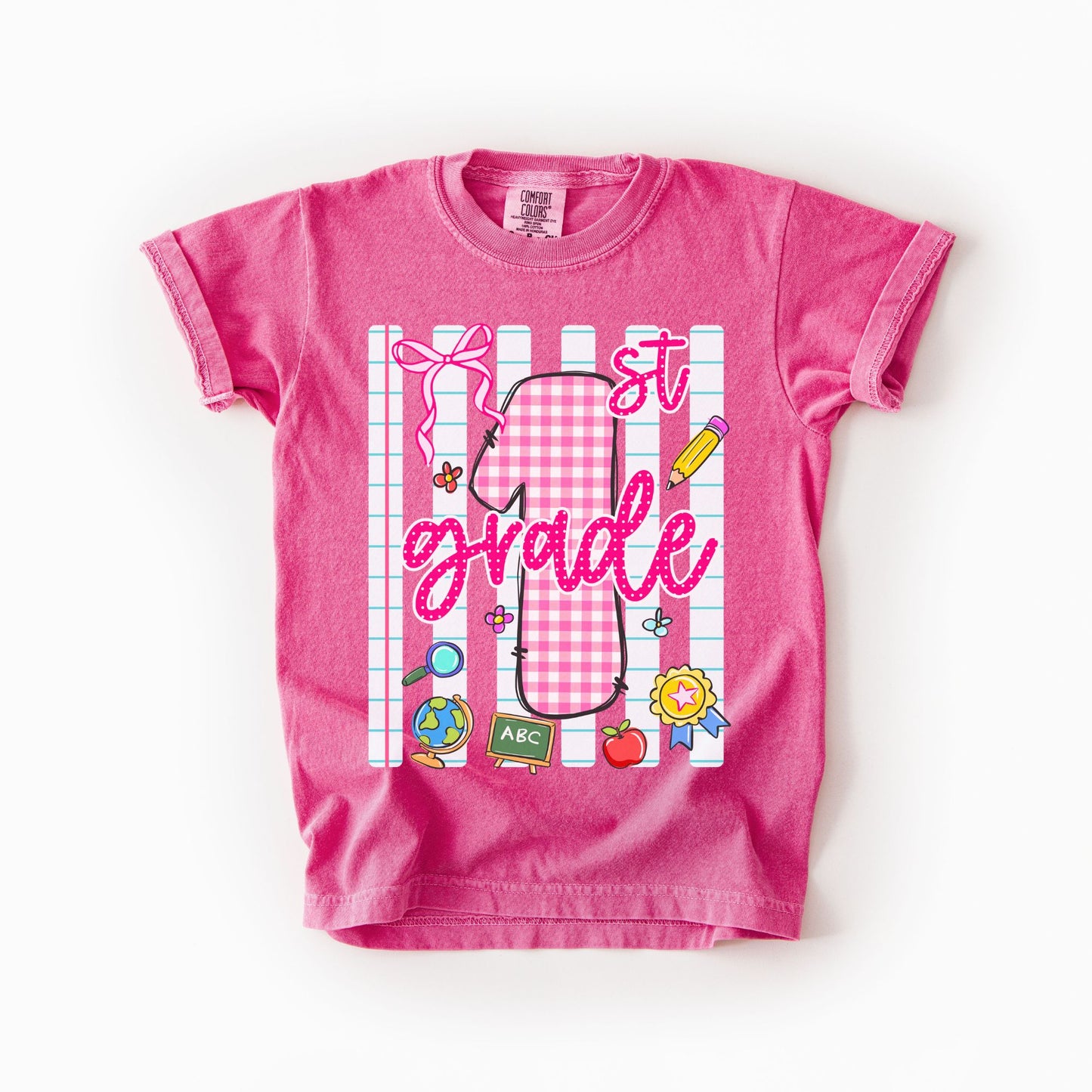 Girls Back to School Comfort Colors Tee – Striped Notebook & Pink Gingham Numbers