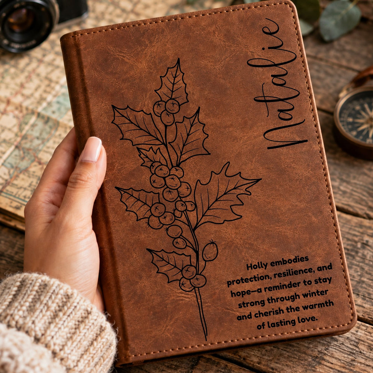 Personalized Birth Flower Journal, Laser Engraved Leatherette Notebook with Flower Meaning