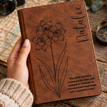 Personalized Birth Flower Journal, Laser Engraved Leatherette Notebook with Flower Meaning